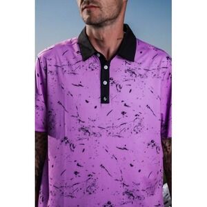 BYRDGANG Men's Golf Polo Shirt Drip Pink Abstract Print Short Sleeve Athletic Lg